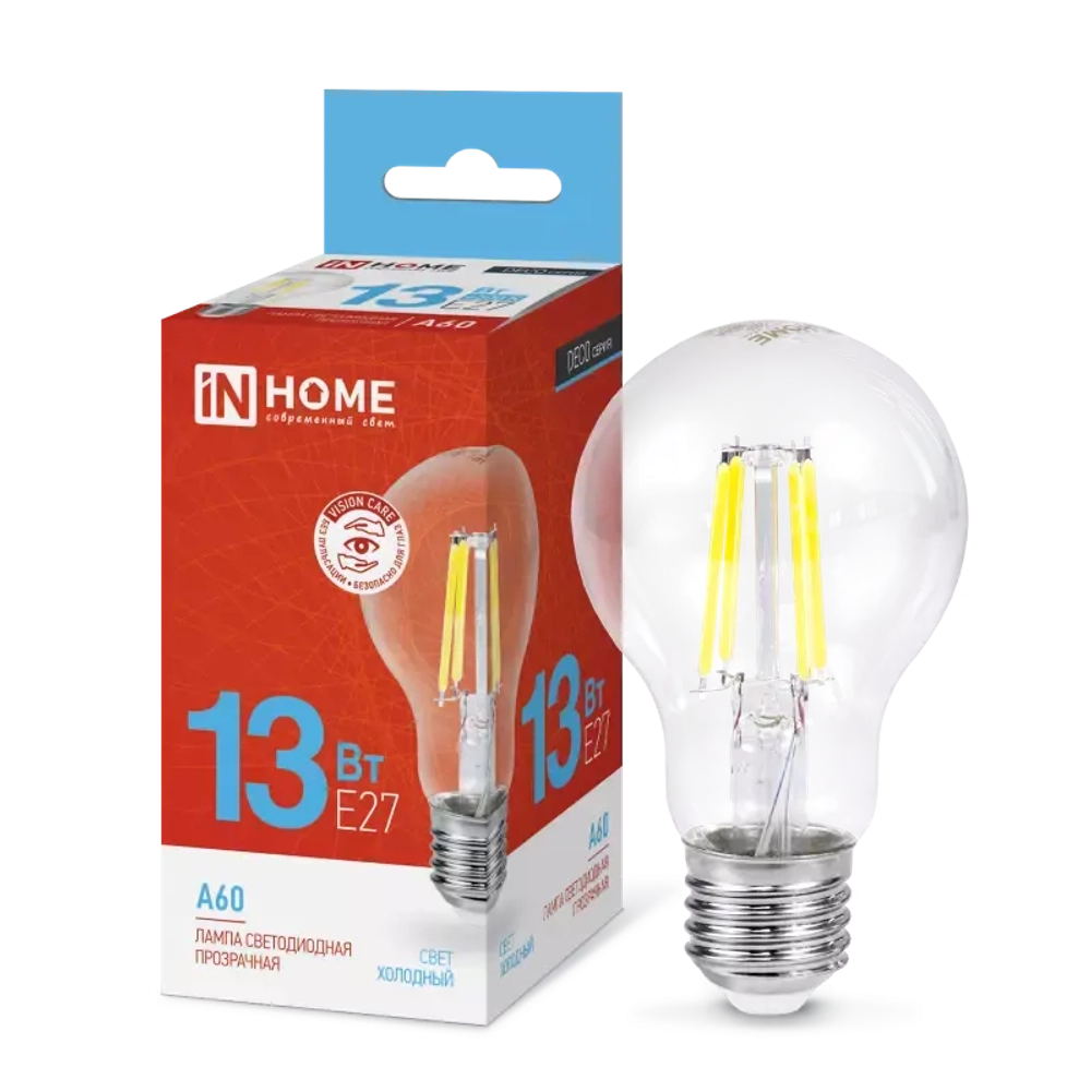 Лампа светодиодная LED-A60-deco 13Вт 230В Е27 6500К ХОЛОДНЫЙ 1370Лм прозрачная IN HOME