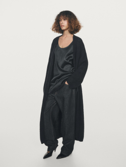 Massimo Dutti Длинный кардиган из ворсованной смесовой альпаки, темно-синий