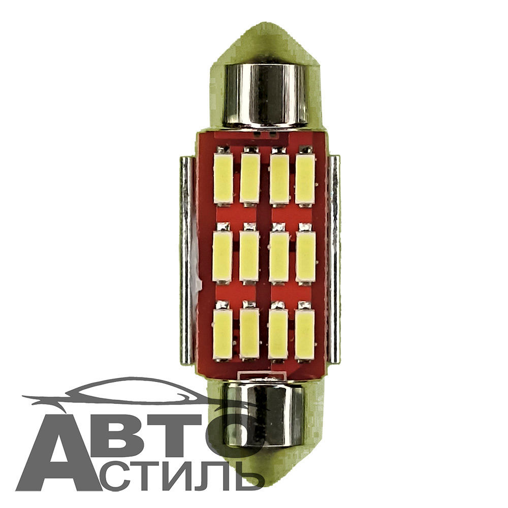 Светодиод 12V T11x39 12SMD 3014 WHITE CAN (салон) с радиатором на красном фоне