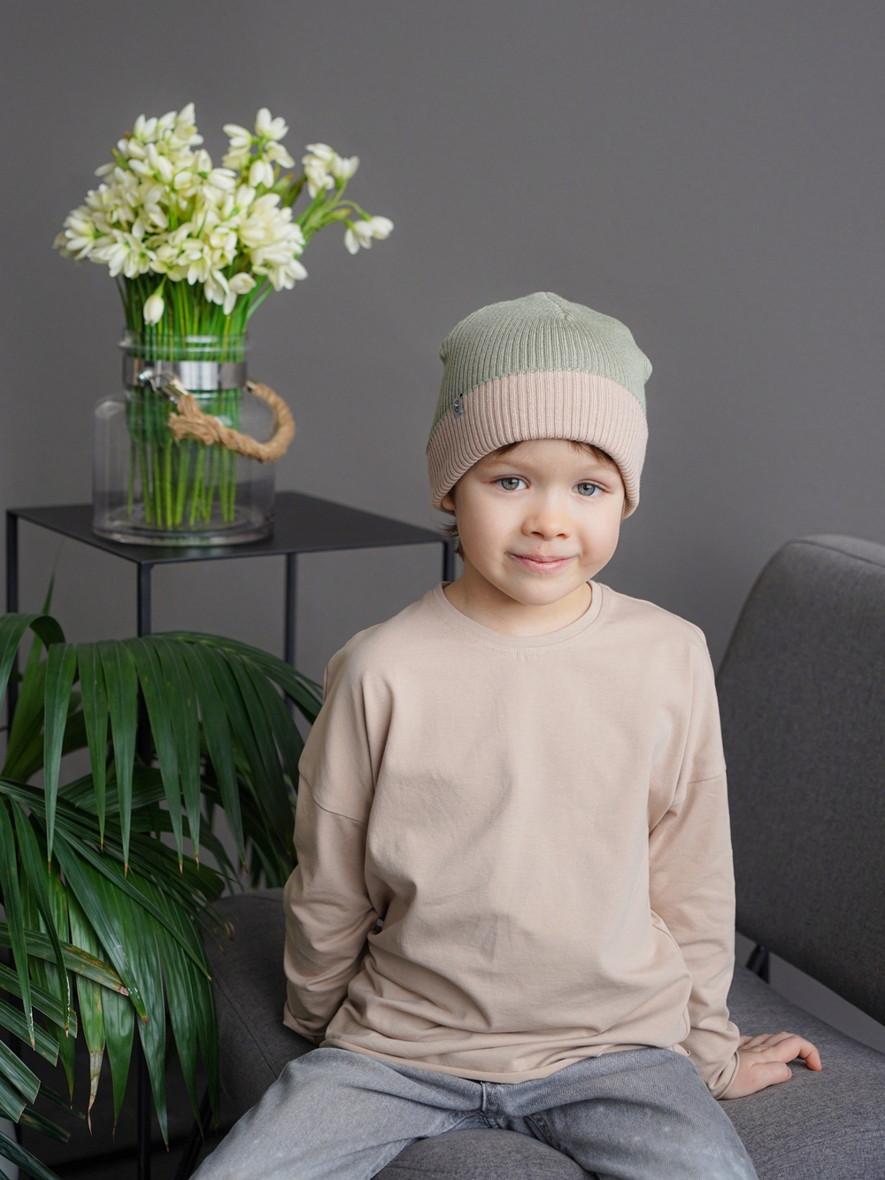 Шапка вязаная хлопковая ТВИНС(Сандал, хакки)