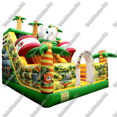 Надувной батут-горка "Слоник в джунглях с двумя горками с прямым скатом", 6*5*5.5 м