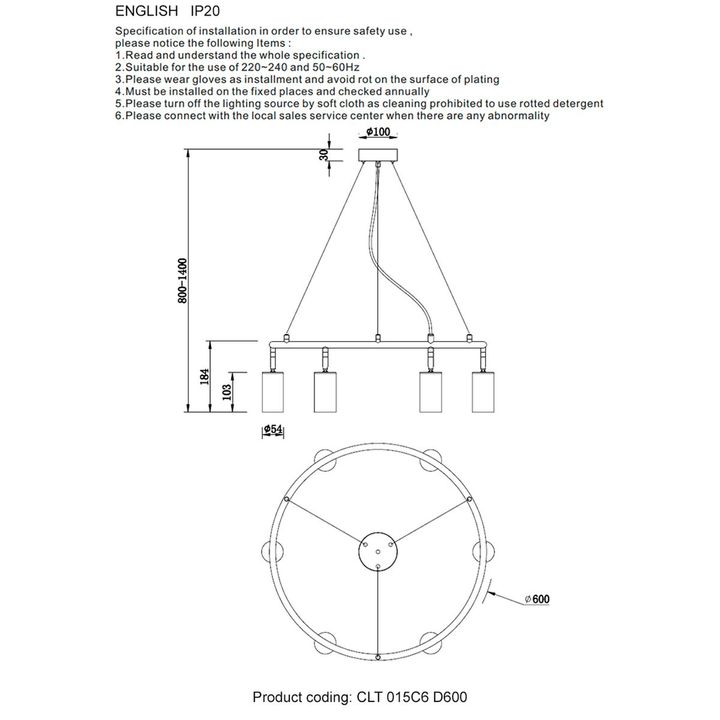 Подвесная люстра Crystal Lux CLT 015C6 D600 BL-GO