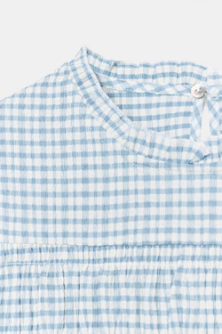 ZARA ТОП В КЛЕТКУ ВИШИ С ЭФФЕКТОМ ЖАТКИ, ЭКРЮ/СИНИЙ