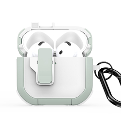 Усиленный чехол белый с зеленым (WhiteGreen) от Dux Ducis для наушников AirPods 4, серия PECP Series Case, в комплекте с карабином