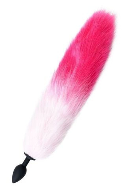 Черная анальная пробка с бело-розовым хвостом (Цвет: розовый с белым)