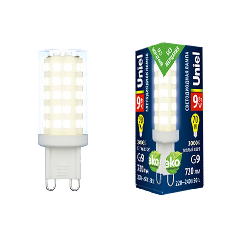 LED-JCD-9W/3000K/G9/CL GLZ09TR Лампа светодиодная, прозрачная. Теплый белый свет (3000К). Картон. ТМ Uniel.