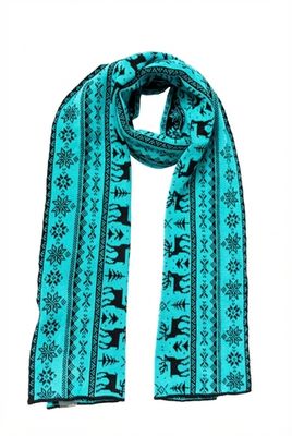 Вязаный шарф черно-бирюзовый с карельскими узорами