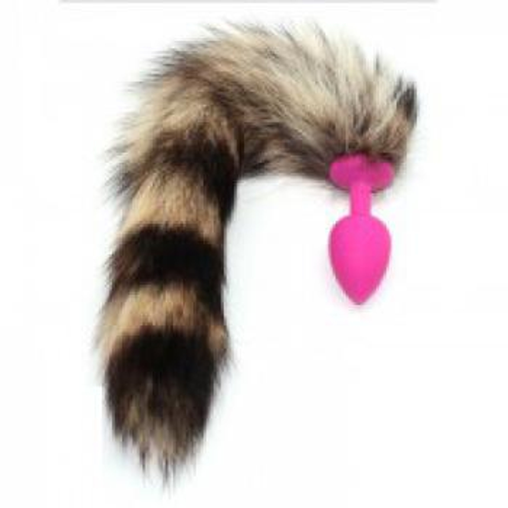 Розовая анальная пробка с хвостиком енота - размер M (Цвет: розовый)