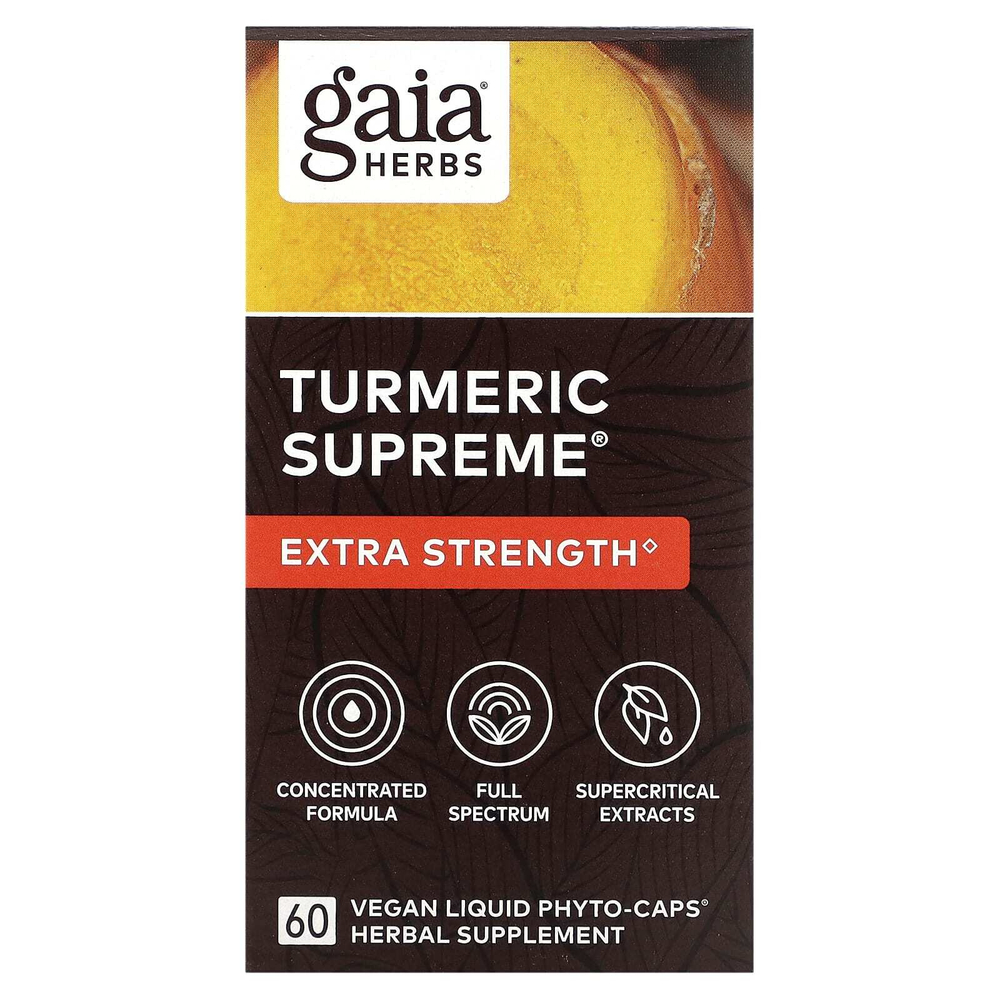 Gaia Herbs, Turmeric Supreme, Extra Strength, куркума, 60 растительных фито-капсул с жидкостью