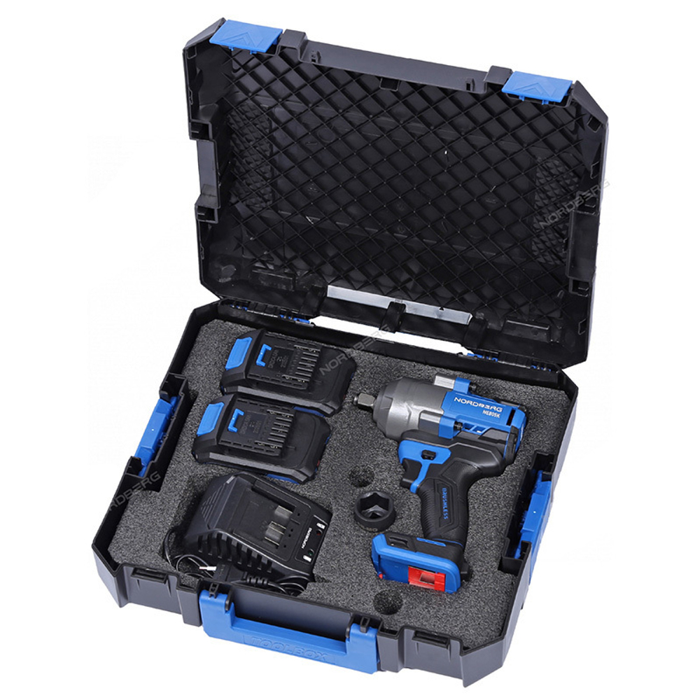 NORDBERG (NE805K) Гайковерт аккумуляторный, 1/2", 21В, 1000 Нм с двумя 4A акк. и зар. уст-вом, в кейсе