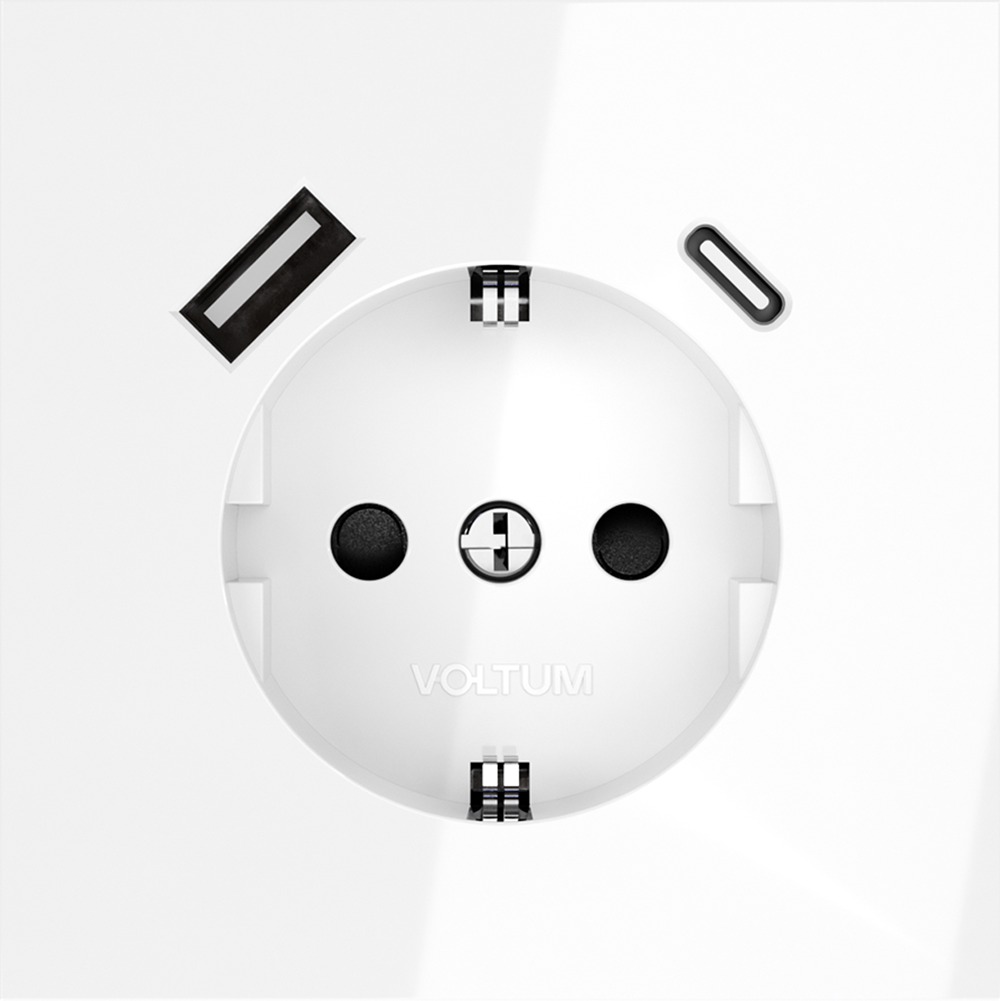 Розетка встраиваемая VOLTUM S70 с заземлением и защитными шторками, 16А, с USB, A+С, (белый глянцевы