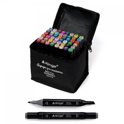 Набор скетчмаркеров DUO Alingar, 48 цветов, пулевид./клиновид 1-6 мм, сечение корпуса квадрат, спирт. осн, сумка-чехол с ПВХ каркас-ячейкам