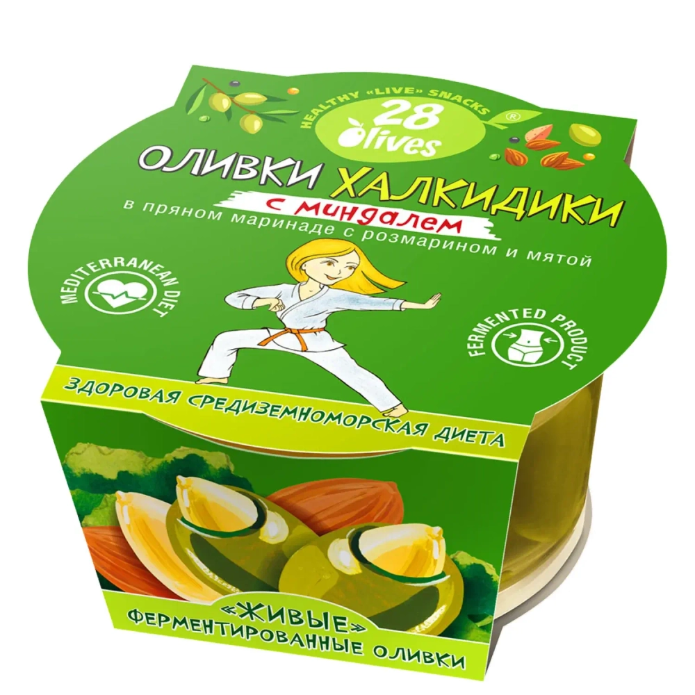 Оливки Халкидики с миндалем в пряном маринаде с розмарином и мятой 28Olives, 150 г, упаковка спереди