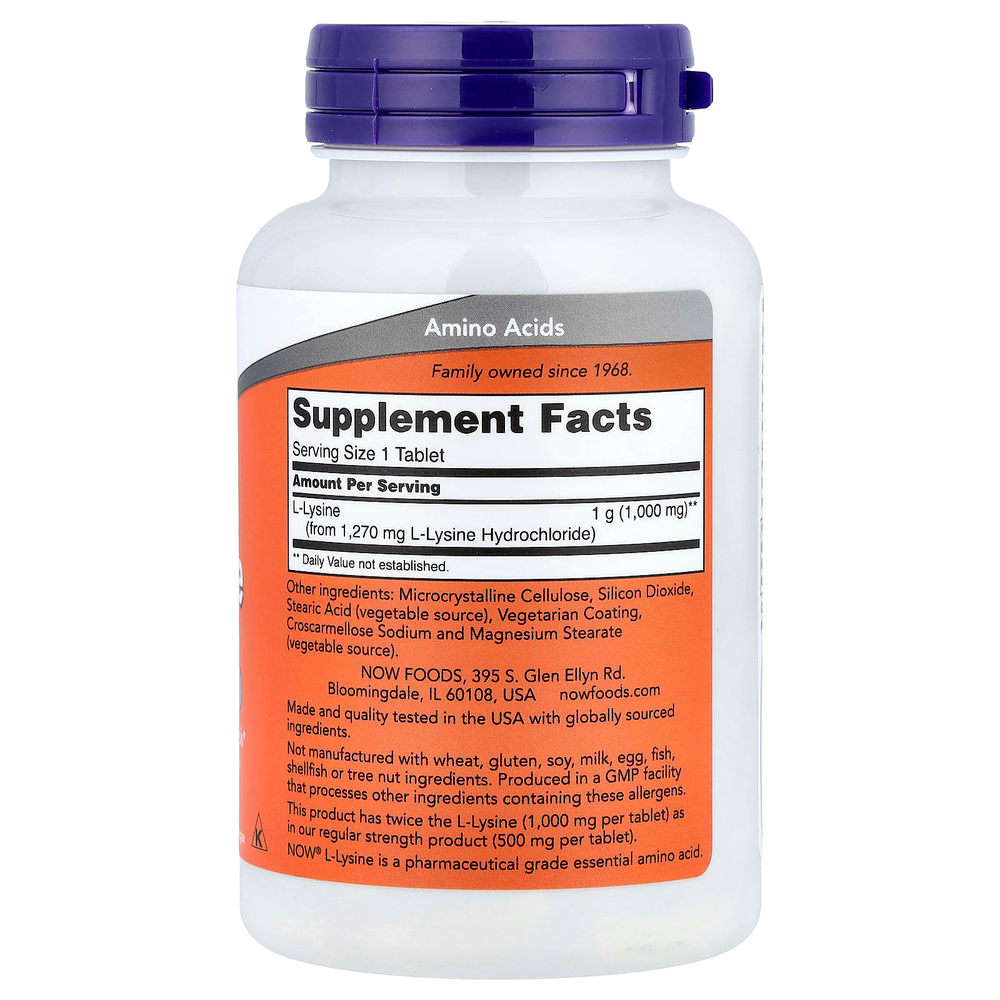NOW Foods, L-лизин, 1000 мг, 100 таблеток