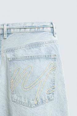 ZARA ДЖИНСОВЫЕ ШОРТЫ BAGGY С ВЫШИВКОЙ, ГОЛУБОЙ