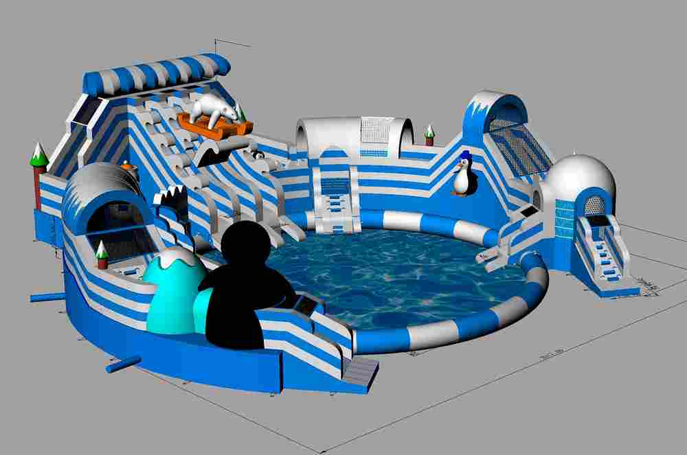 Надувной наземный аквапарк «Морское царство 3» с фигурой пингвина, 21*20*6 м