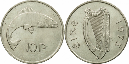 Ирландия 10 пенсов, 1969-1986 Рыба XF