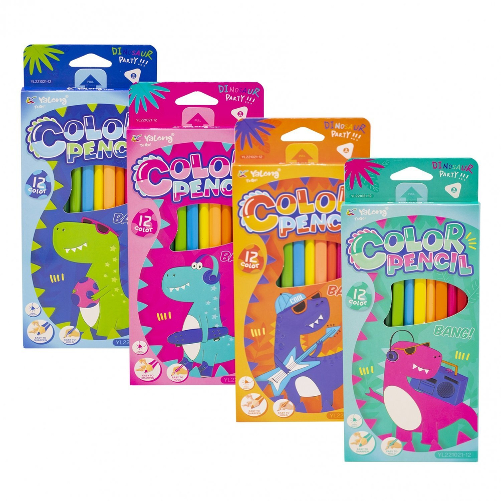 Карандаши цветные Yalong 12 цв., "DINO" деревянные, трехгранные, заточенные, грифель 3.0 мм, картон. уп., европодвес