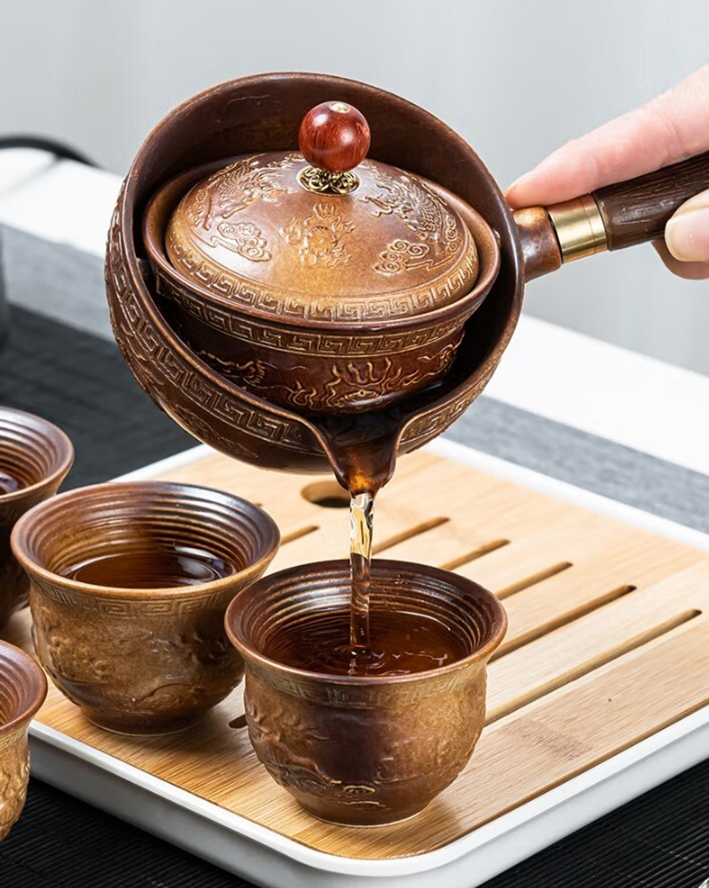 278159.4 Сервиз "Летучая гайвань" гайвань, 4 пиалы, чабань, в подар.коробке, керамика коричневый