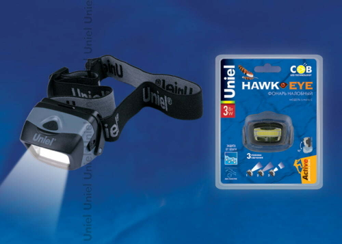 S-HL016-C Grey Фонарь налобный TM Uniel, серия Стандарт «Hawkeye- 3Watt». Пластиковый корпус, COB, 3хААА н/к. Упаковка кламшелл.