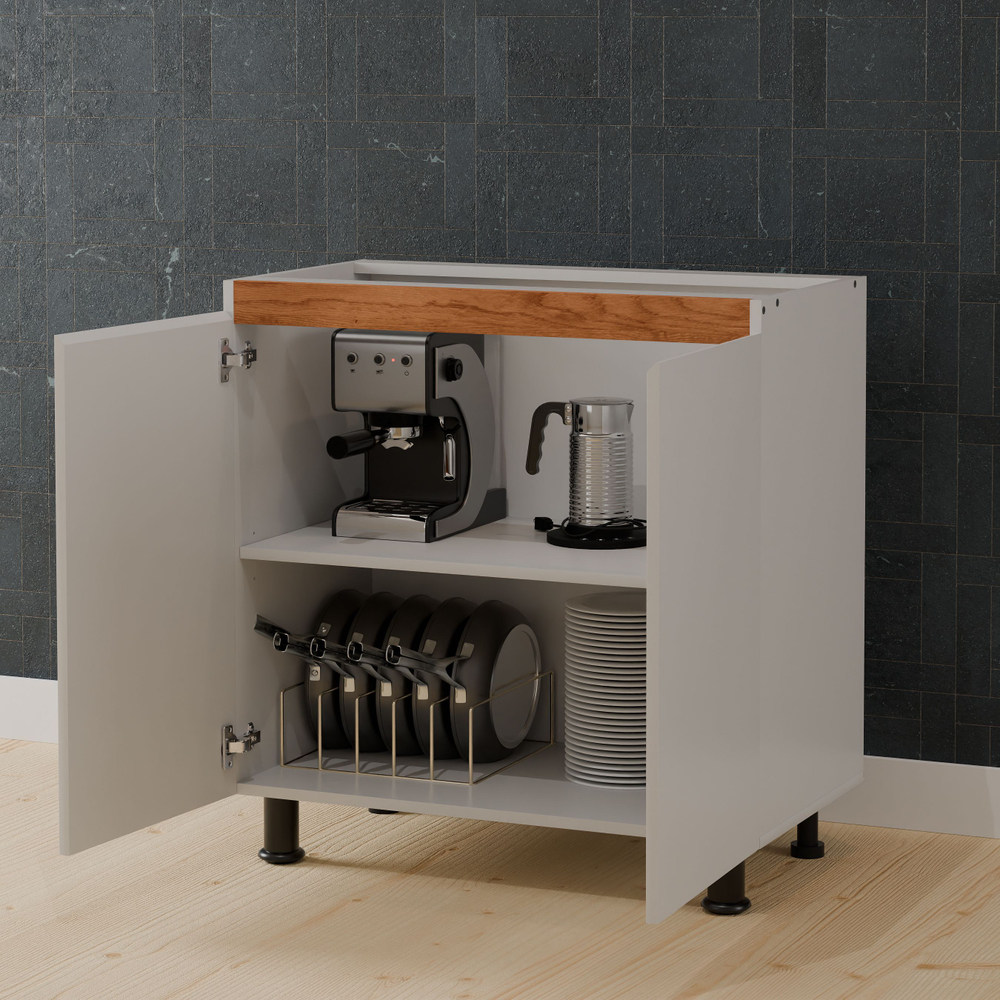 Кухонный модуль напольный 80 см Валенсия 2 двери без столешницы, с дубовой панелью, на ножках / белый, массив дуба