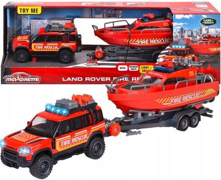 Машинка Majorette Land Rover fire rescue + Boat - Внедорожник Лэнд ровер с пожарным катером (свет и звук) - Мэйджорет 213716001038