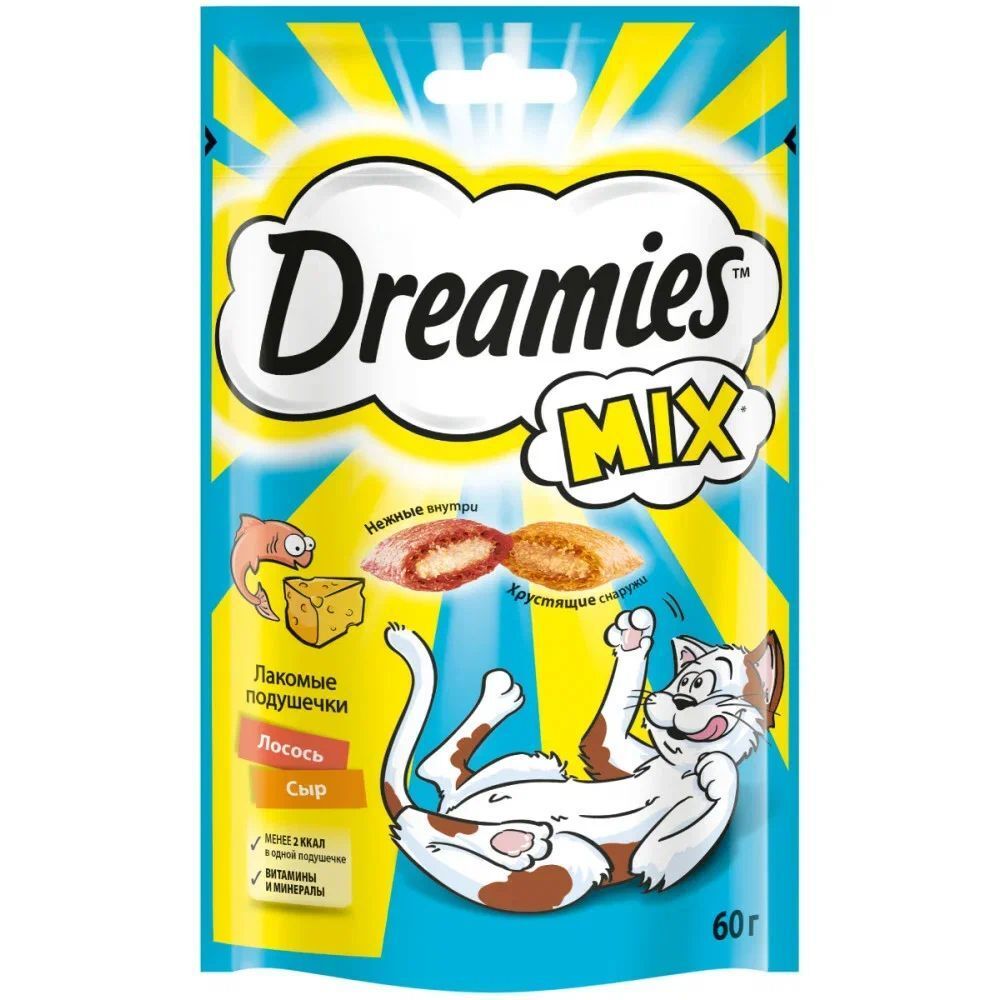 Лакомство Dreamies Mix для кошек лакомые подушечки с лососем и сыром 60 г