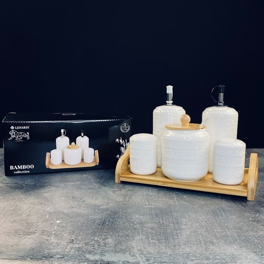 Lenardi 140-123 Набор для специй: сахарница,бутылки для масла, 5пр. на подс-ке BAMBOO в под.уп.(х12)Фарфор