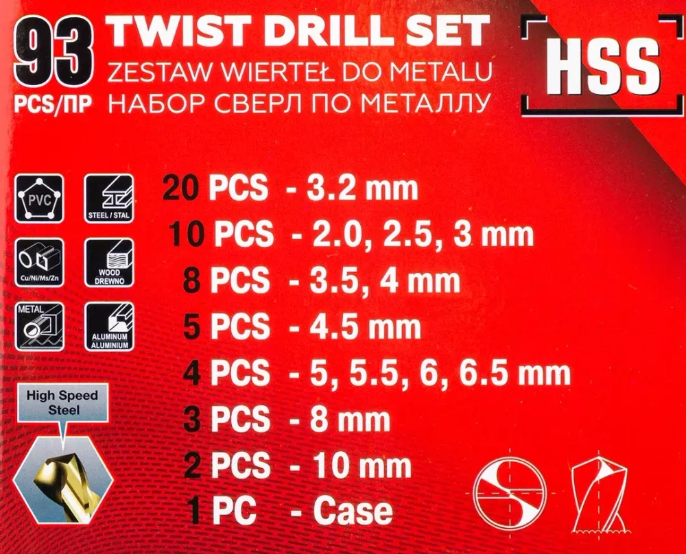 Сверла по металлу, набор 93пр. JBC JBC-924U93