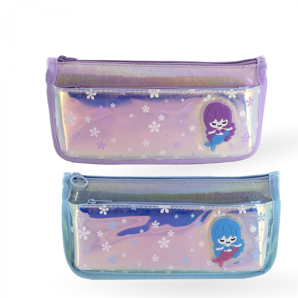 Пенал - косметичка Alingar, ПВХ-голографика, молния, боковой карман, 90 х 215 мм, "Русалочка", ассорти (сиреневый и голубой)