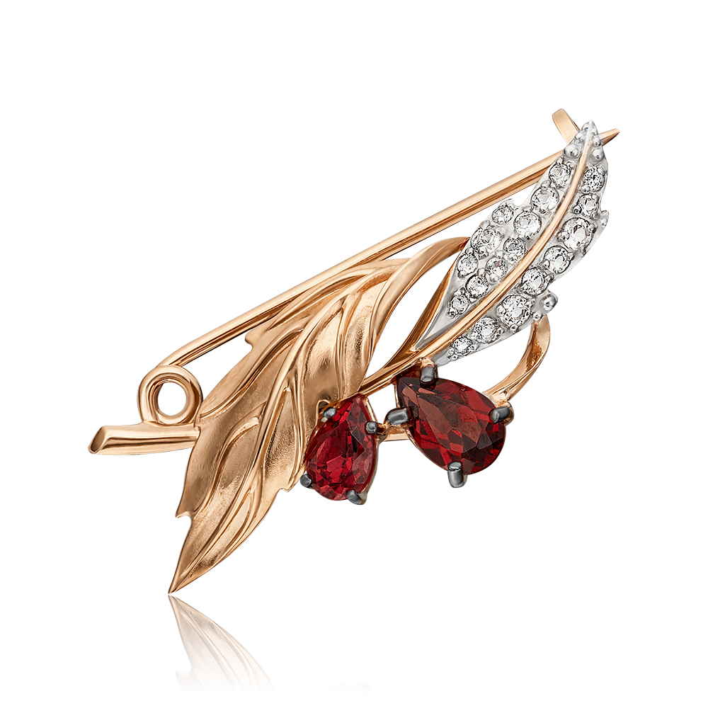 Брошь «Листья» из красного золота c гранатами и натуральными топазами white Артикул: 04-0238-00-264-1110-46