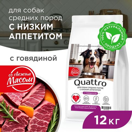 Корм сухой для взрослых собак средних пород, премиум полнорационный комплекс, низкий аппетит, с говядиной, 12 кг, QUATTRO