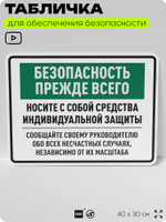 Табличка для обеспечения безопасности "Безопасность прежде всего носите с собой средства индивидуальной защиты", для производства, предприятия, 40х30 см, Silver Plane x Айдентика Технолоджи