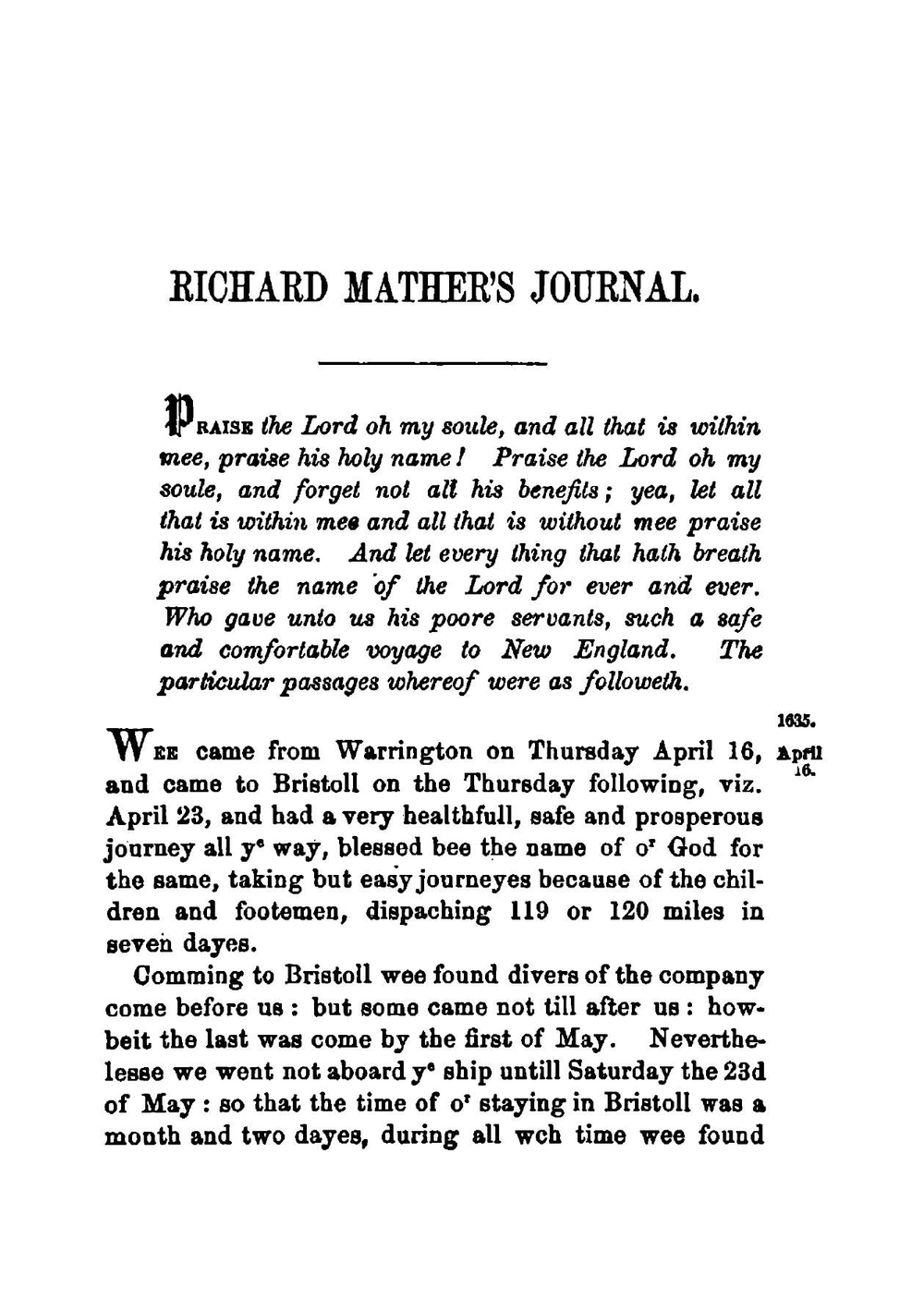 Journal of Richard Mather, 1635 ; His life and death, 1670 | Richard Mather