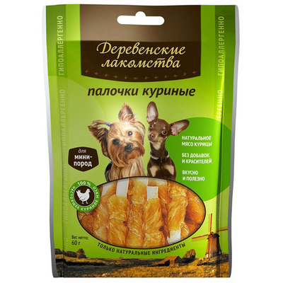 Деревенские лакомства "Палочки куриные" - лакомства для собак малых пород, 55 г