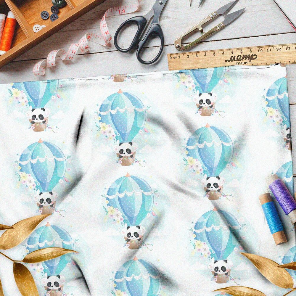 Ткань поплин нежные панды на воздушном шаре