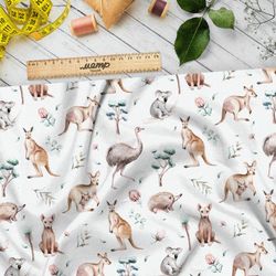 Ткань дюспо кенгуру страусы акварельные