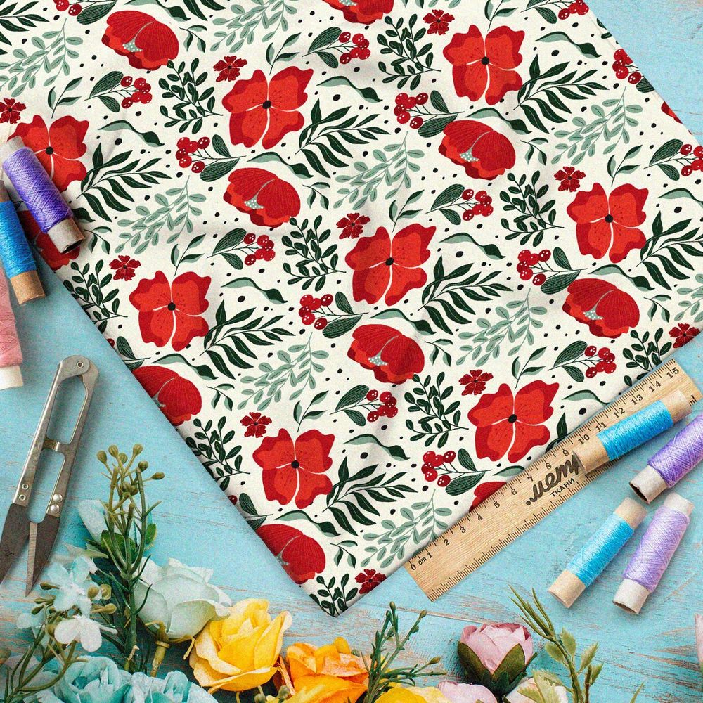 Ткань таффета насыщенные маки и листья на бежевом фоне