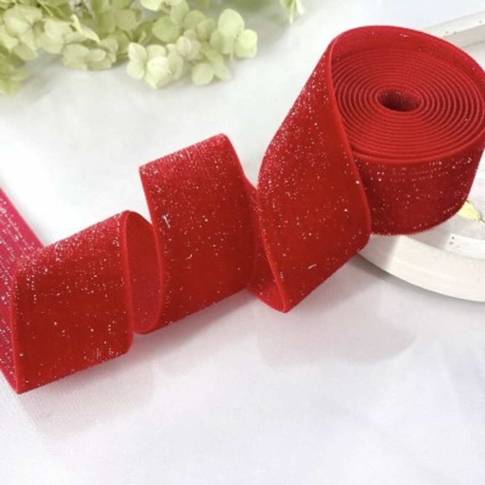 Лента бархатная с люрексом, 3,8 см, (SF- 7318) красный № 10, РФ