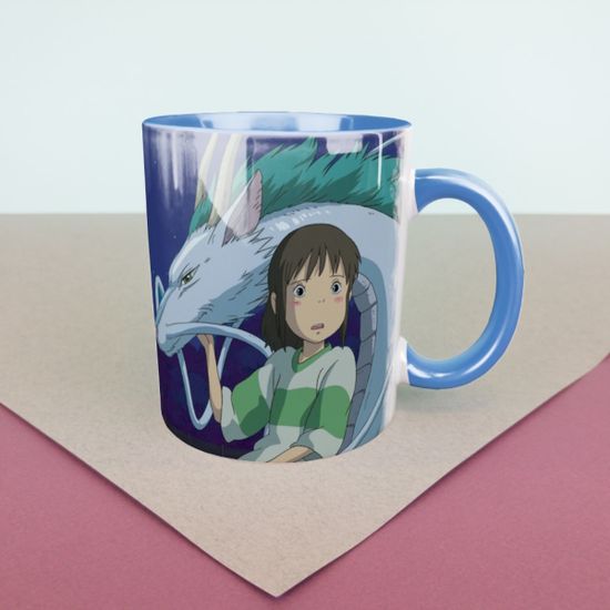 Кружка керамическая объем 330мл,  Хаяо Миядзаки Унесенные призраками. Тихиро (розовая с ободком)