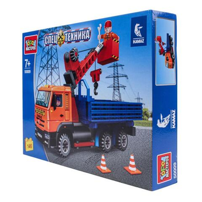 Конструктор пластмассовый 146эл. Спецтехника "Камаз с краном и люлькой" 50009-KK (Город мастеров)