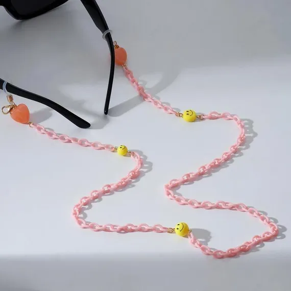 Цепочка для очков "Смайлики и сердечки" звенья, цвет розовый, 70 см