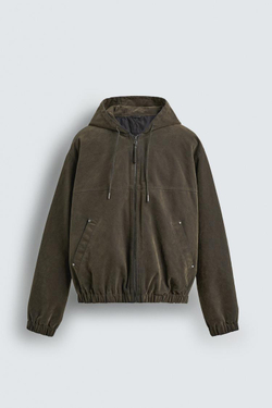 ZARA СТЕГАНАЯ КУРТКА ИЗ ВЕЛЮРА С КАПЮШОНОМ, ХАКИ