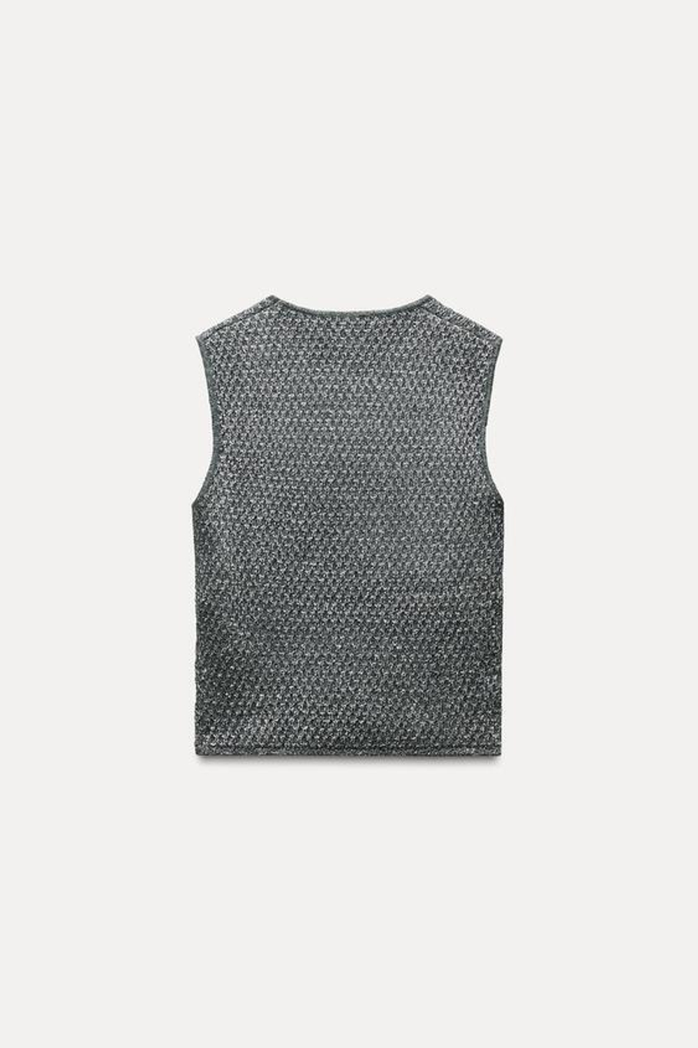 ZARA ТРИКОТАЖНЫЙ ТОП С БЛЕСТЯЩЕЙ НИТЬЮ И ПАЙЕТКАМИ, СЕРЕБРИСТЫЙ