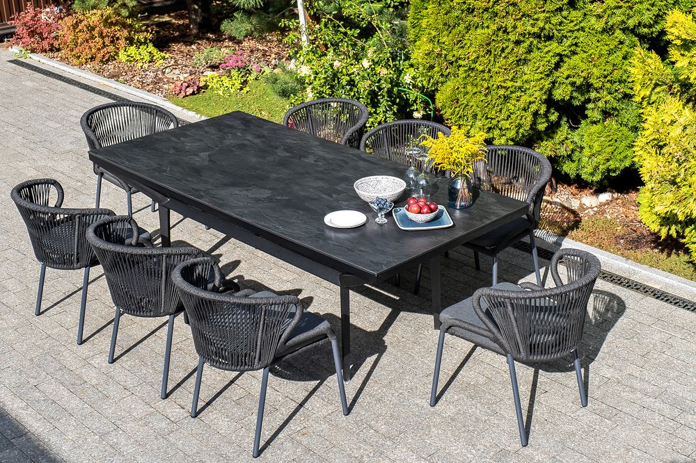 "Милан" стул плетеный из роупа, каркас алюминий темно-серый (RAL7024) муар, роуп темно-серый круглый, ткань темно-серая 027