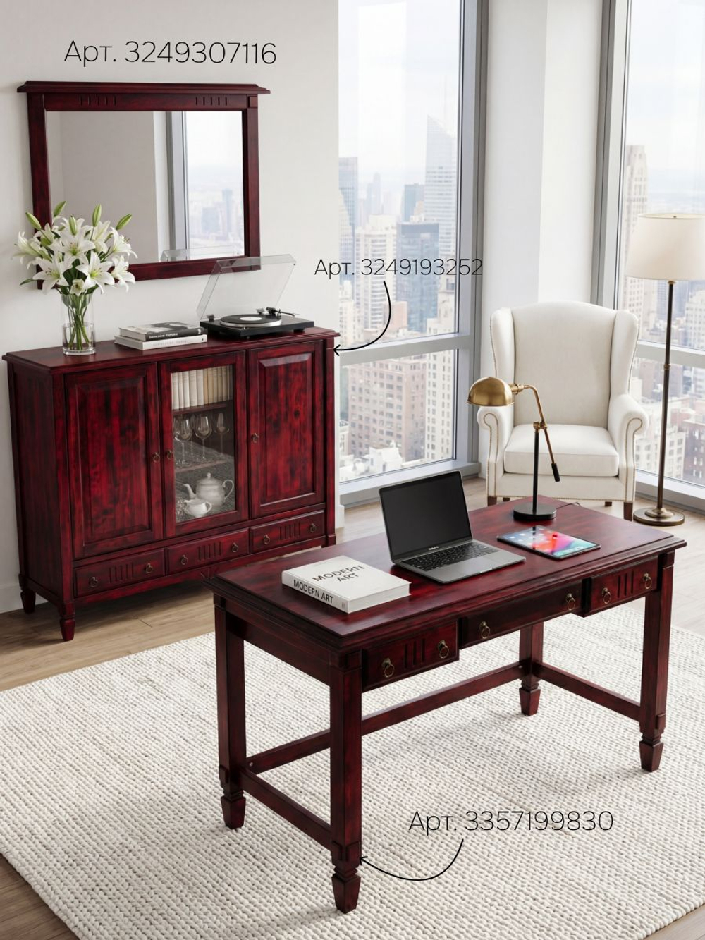 Тумба 180х50х145, Джоли, 3 двери 3 ящика для одежды, для спальни, гостиной, детской, прихожей, массив березы, красный, MAKOSA