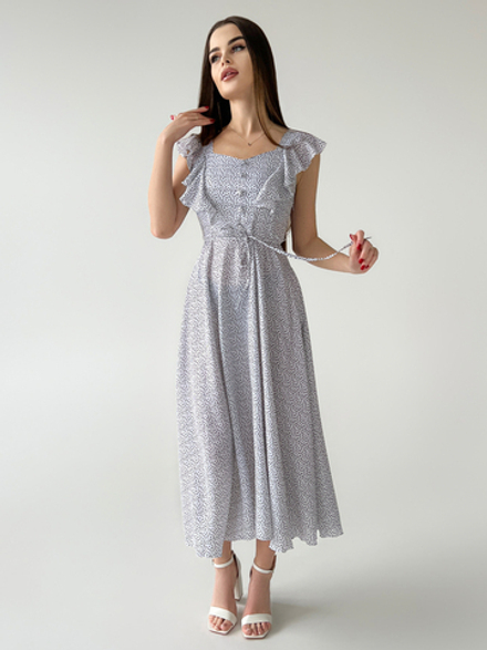 Платье MLN в мелкое сердечко с рукавами-крылышками на молнии сбоку