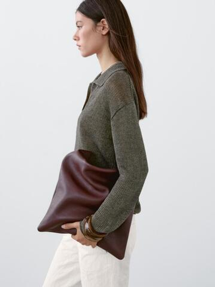 Massimo Dutti Свитер из 100% льна с воротником поло, бутылочный