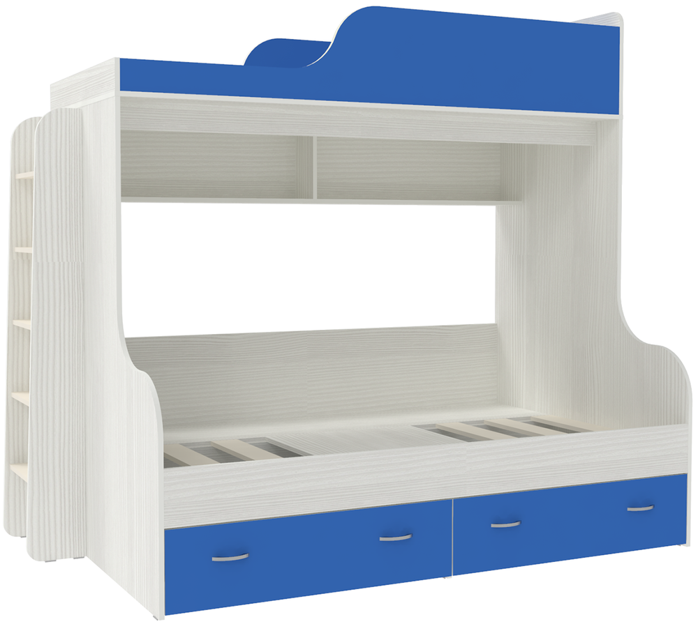 Двухъярусная кровать КарИВи Дуэт-15 с деревянной лестницей Белое Дерево Светло-синий, голубой