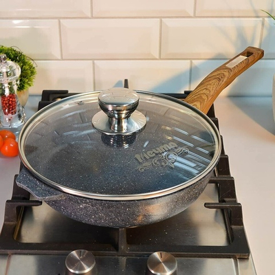 Сковорода 24см Premium blue с несъемной ручкой и стеклянной крышкой